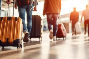 Group of people with suitcases at the airport. Generative AI